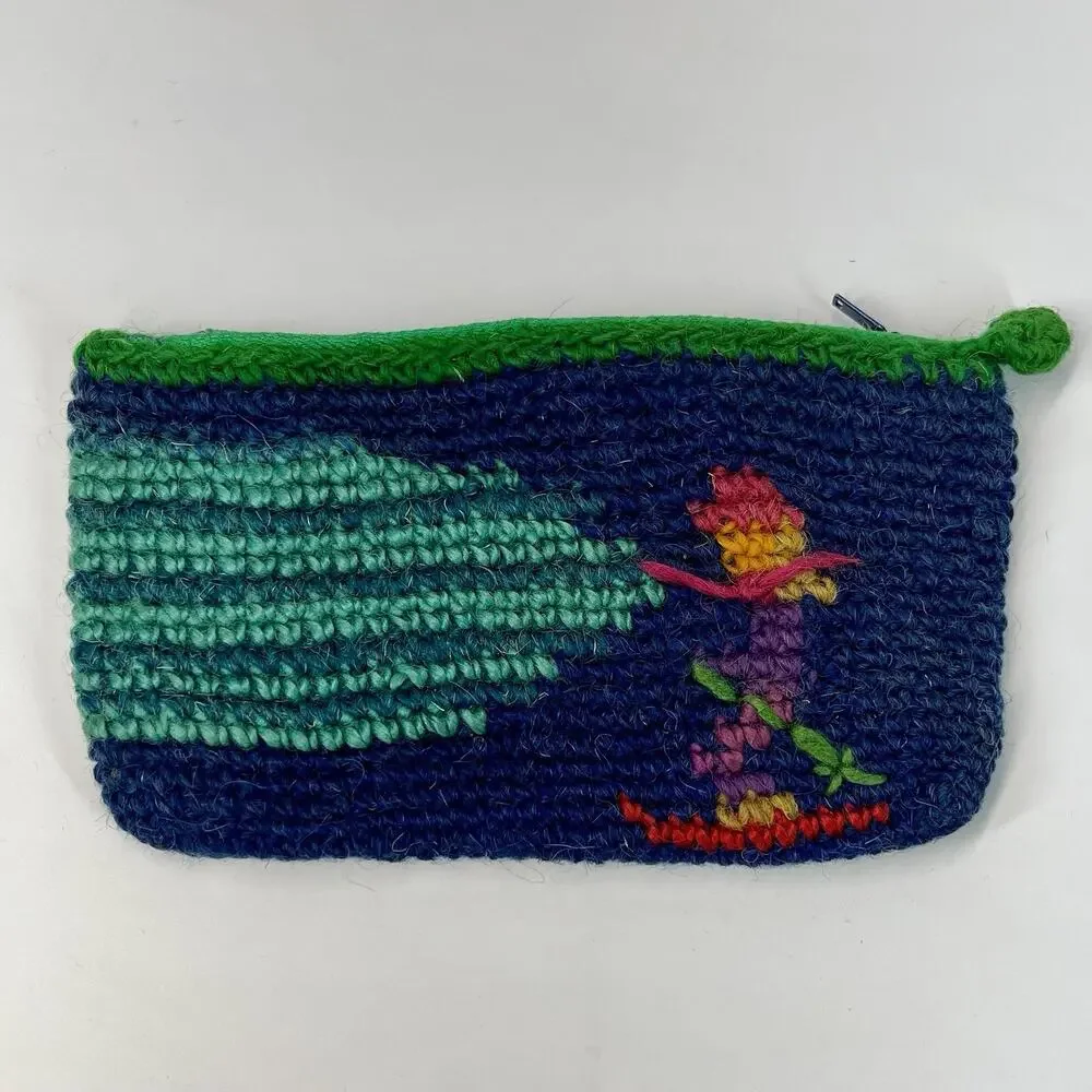 Handmade Wool Crochet Bag Pouch BoHo Zip Closure Lined Cycling Skiing Blue Green